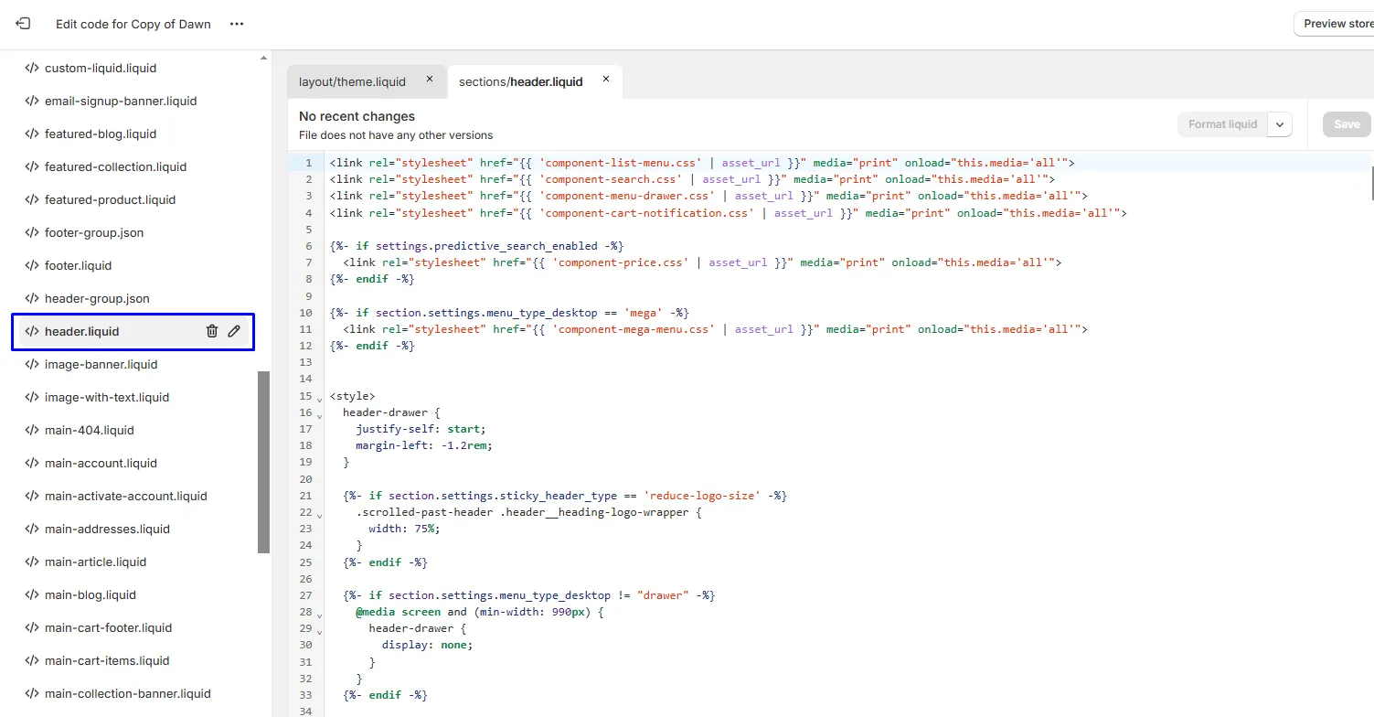 Navigate to the {/} header.liquid section.